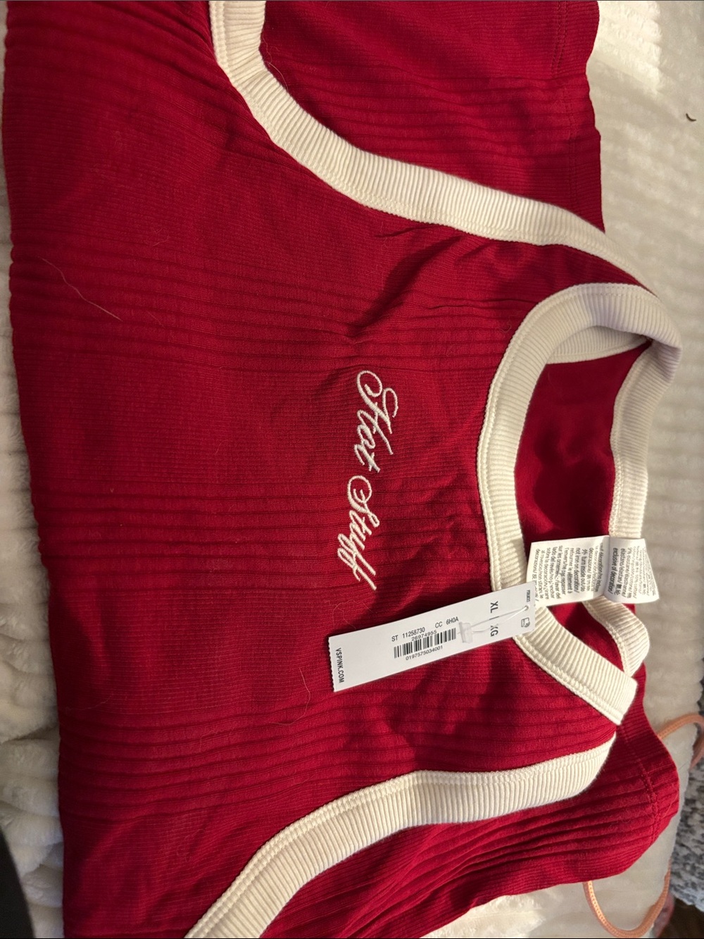 PINK Victoria's Secret Red Ribbed tank with shelf  Bra with Cream Trim